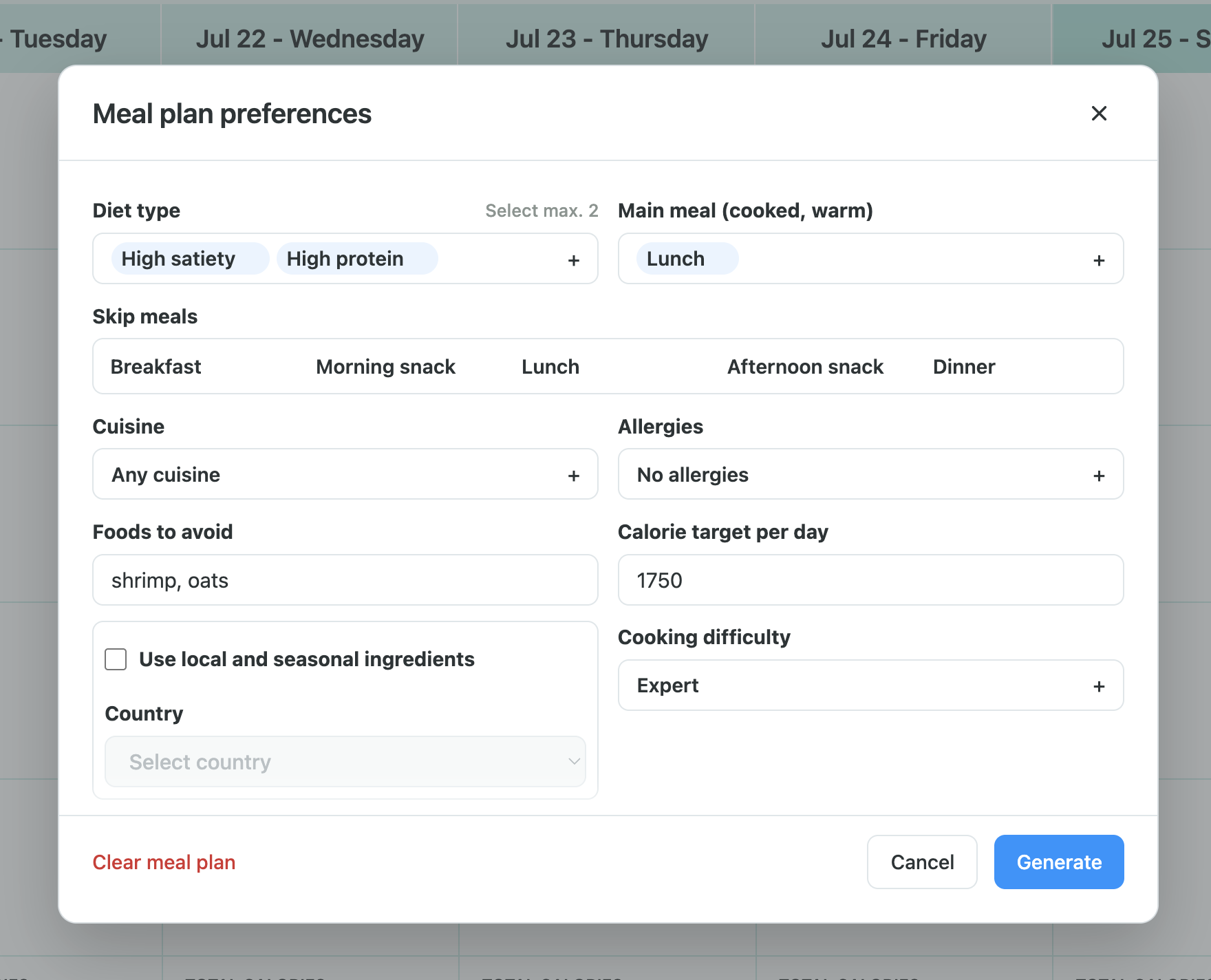 Meal plan settings screen